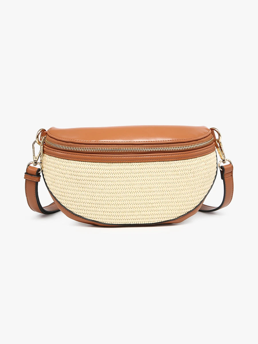 Nevaeh Straw Sling/Crossbody w/ Vegan Leather Contrast - Natural