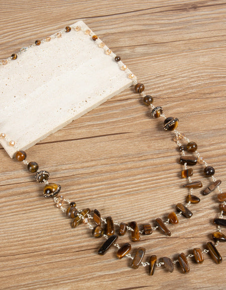 OLE Layered Tiger Eye Bead Link Necklace