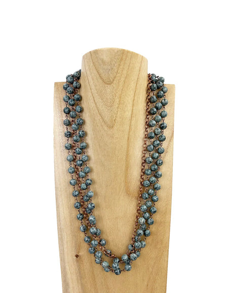 3 layers 8mm grey jasper stone beads with cooper metal chain Necklace