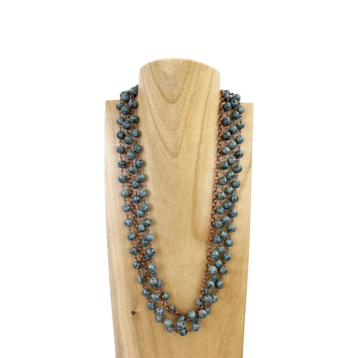 3 layers 8mm grey jasper stone beads with cooper metal chain Necklace