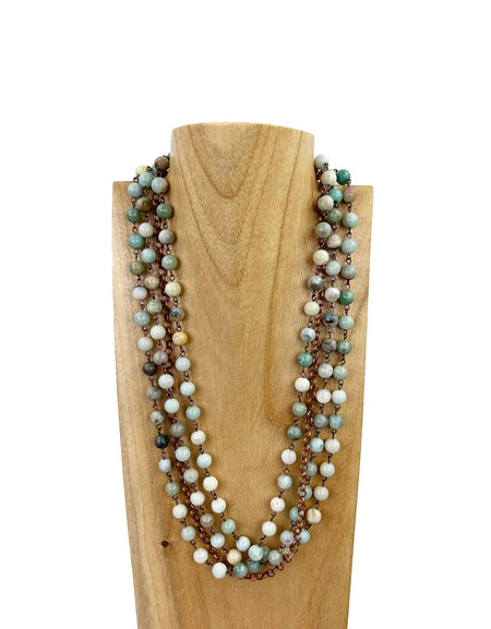 3 layers 8mm jasper stone beads with cooper color metal chain Necklace