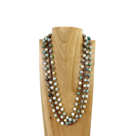 3 layers 8mm jasper stone beads with cooper color metal chain Necklace