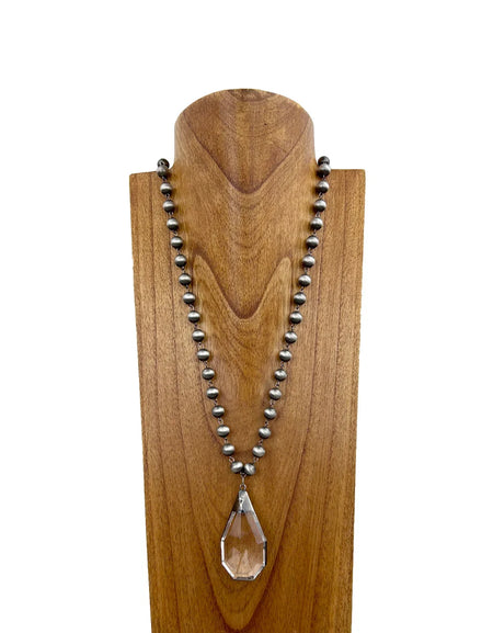 Silver Navajo pearl beads with clear crystal teardrop pendant Necklace