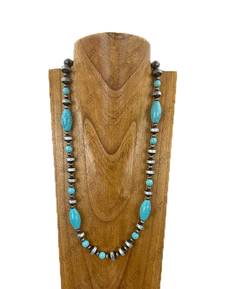 27'' Silver Navajo pearl with blue turquoise stone beads Necklace