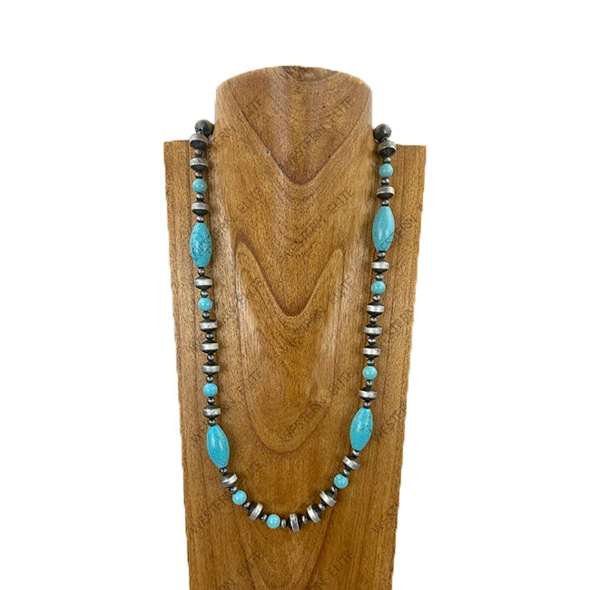 27'' Silver Navajo pearl with blue turquoise stone beads Necklace