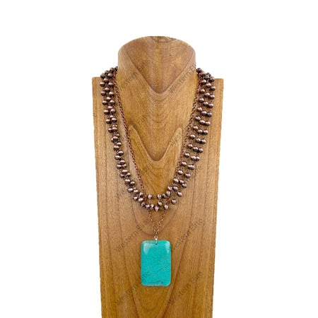 Copper metal and Navajo pearl beads chain with large blue rectangle turquoise pendant necklace