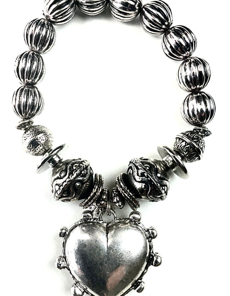 Bracelet -  MIXED BEADED STRETCH W/PUFFED HEART DANGLE