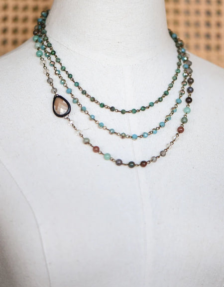Green Triple Layered Mixed Glass Bead and Stone Necklace