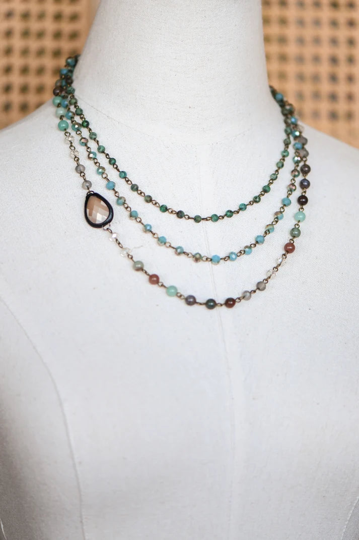 Green Triple Layered Mixed Glass Bead and Stone Necklace