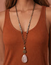 Gray Agate Stone Bead Necklace with Stone Pendant.