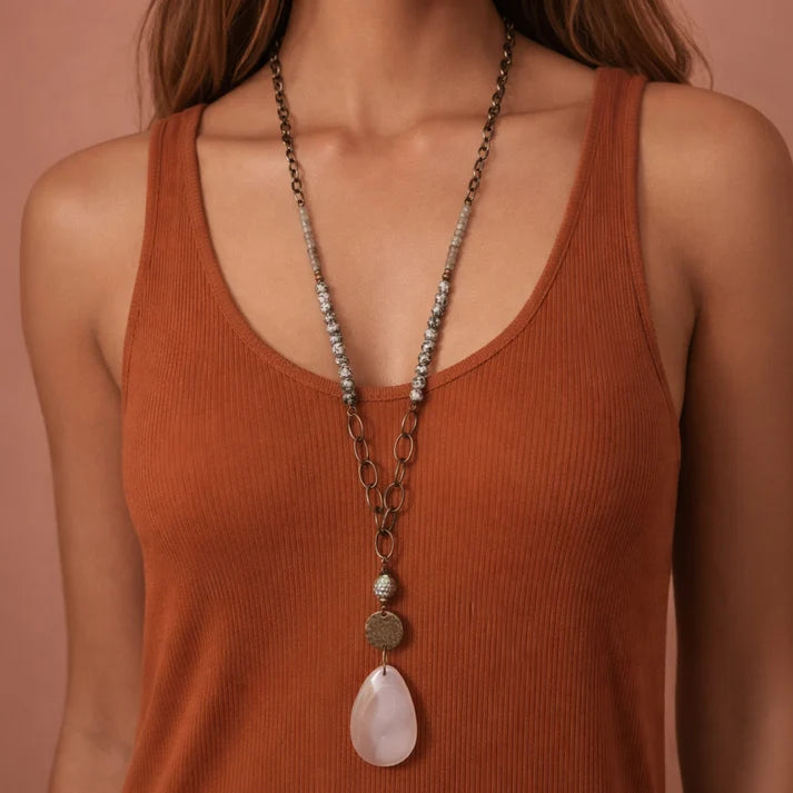 Gray Agate Stone Bead Necklace with Stone Pendant.