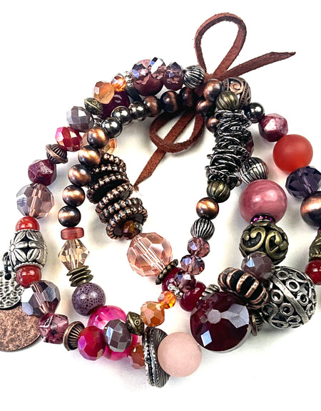 Pink Multi Strand Beaded Stretch Bracelet Set