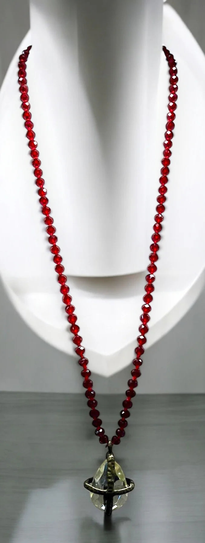 AC 36" Red Hand Knotted Crystal Necklace w/Teardrop Pendant