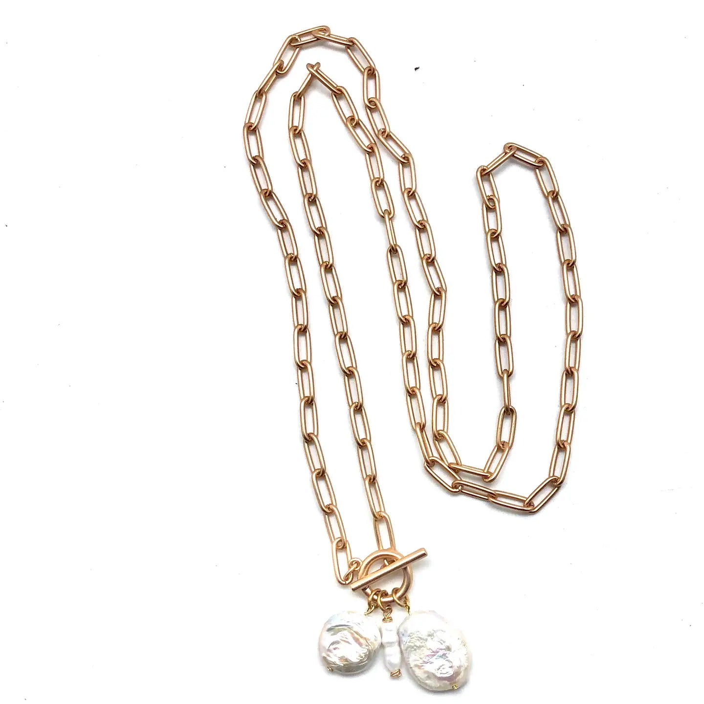RR Matte Paperclip gold  W/Coin&Freshwater Pearl 33” Necklace
