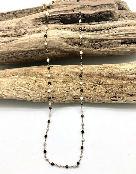 RR Rosary Chain Necklace Onyx&Freshwater Pearl Gold 16”w/2” Ext