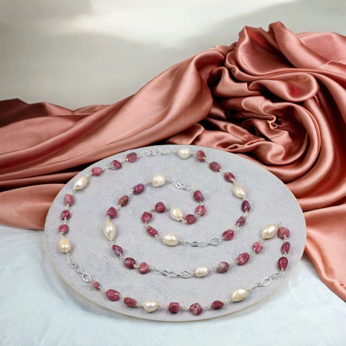 Watermelon Tourmaline and Freshwater Pearls Necklace