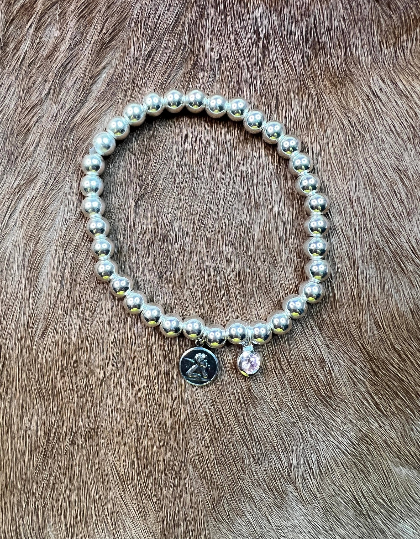 RS Sterling Silver Beaded Stretch Bracelet with Guardian Angel and Birthstone