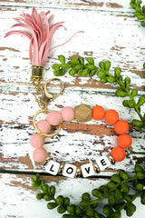 Love Block Letter Pink and Orange Beaded Bracelet Keychain