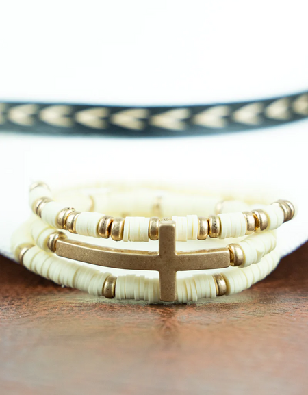 All That Matters Beige Beaded Cross Bracelet Set