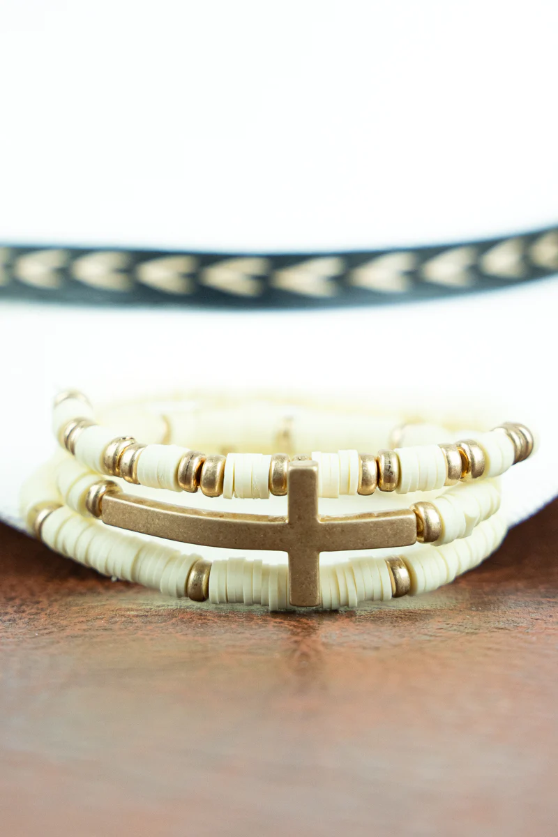 All That Matters Beige Beaded Cross Bracelet Set