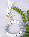 Love Block Letter Light Gray and White Beaded Bracelet Keychain