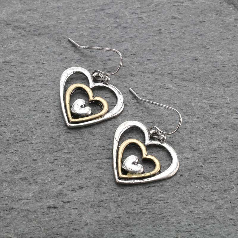 Heart Shape Fish Hook Earrings - Burnished Silver And Gold